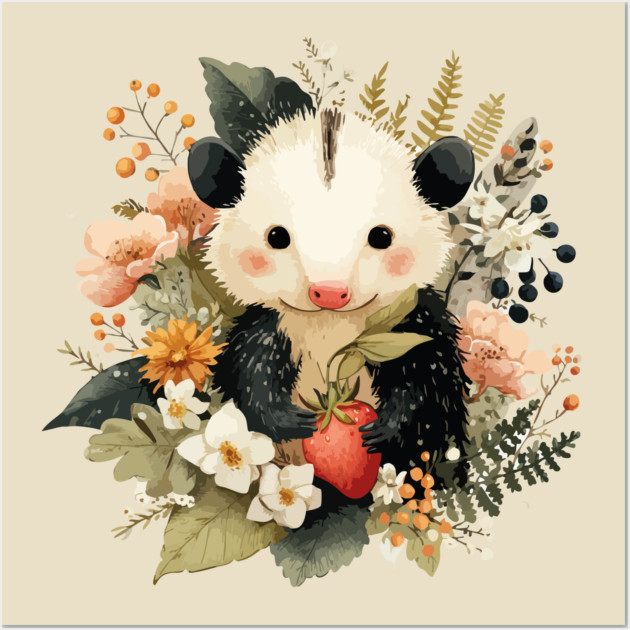 Opossum with a Strawberry - Whimsical Woodland Folk Art Wall Art by TuncGK