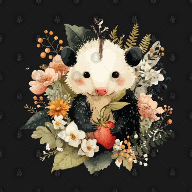Opossum with a Strawberry - Whimsical Woodland Folk Art by TuncGK