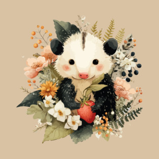 Opossum with a Strawberry - Whimsical Woodland Folk Art T-Shirt
