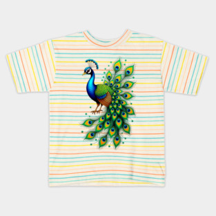 Colorful Peacock with Feathers Elegant Bird Kids T-Shirt