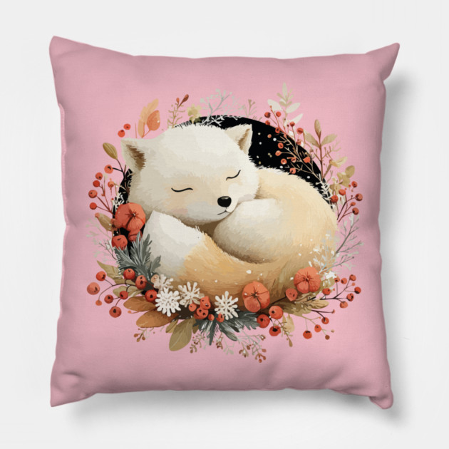 Sleeping Arctic Fox in a Winter Wreath - Cozy Solstice Art Pillow by TuncGK