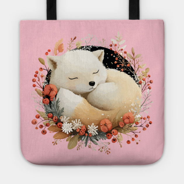 Sleeping Arctic Fox in a Winter Wreath - Cozy Solstice Art Tote by TuncGK