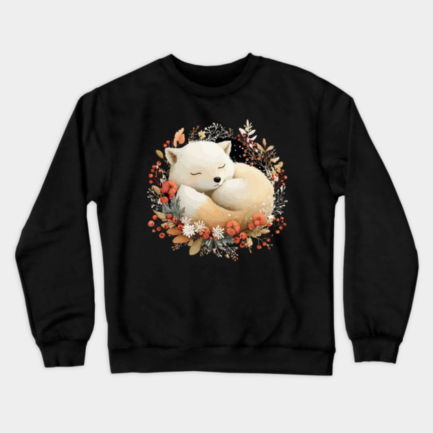 Sleeping Arctic Fox in a Winter Wreath - Cozy Solstice Art Crewneck Sweatshirt by TuncGK