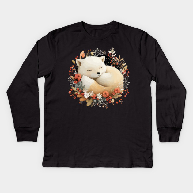Sleeping Arctic Fox in a Winter Wreath - Cozy Solstice Art Kids Long Sleeve T-Shirt by TuncGK