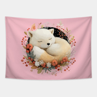 Sleeping Arctic Fox in a Winter Wreath - Cozy Solstice Art Tapestry