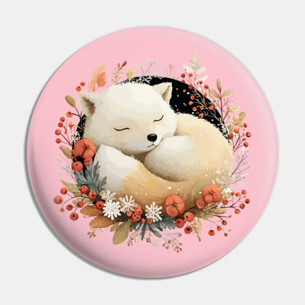 Sleeping Arctic Fox in a Winter Wreath - Cozy Solstice Art Pin by TuncGK