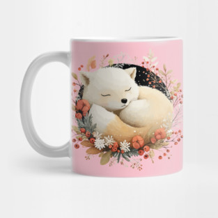 Sleeping Arctic Fox in a Winter Wreath - Cozy Solstice Art Mug