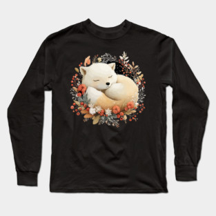 Sleeping Arctic Fox in a Winter Wreath - Cozy Solstice Art Long Sleeve T-Shirt
