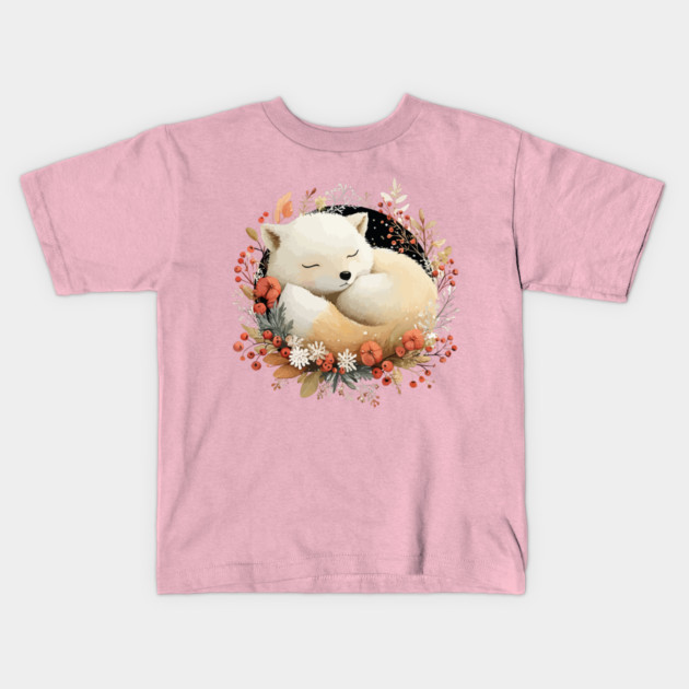 Sleeping Arctic Fox in a Winter Wreath - Cozy Solstice Art Kids T-Shirt by TuncGK