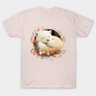 Sleeping Arctic Fox in a Winter Wreath - Cozy Solstice Art T-Shirt