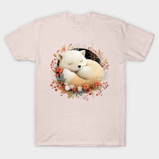 Sleeping Arctic Fox in a Winter Wreath - Cozy Solstice Art T-Shirt by TuncGK