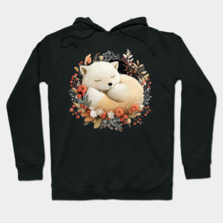 Sleeping Arctic Fox in a Winter Wreath - Cozy Solstice Art Hoodie