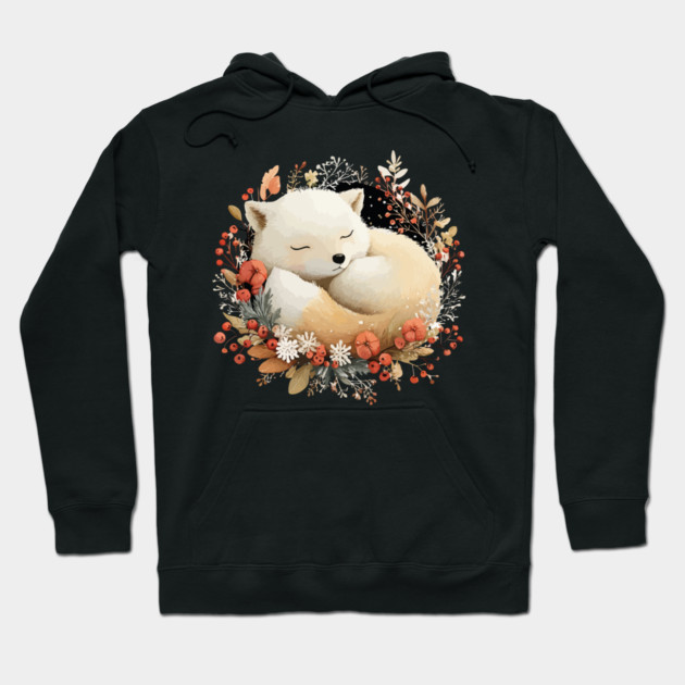 Sleeping Arctic Fox in a Winter Wreath - Cozy Solstice Art Hoodie by TuncGK