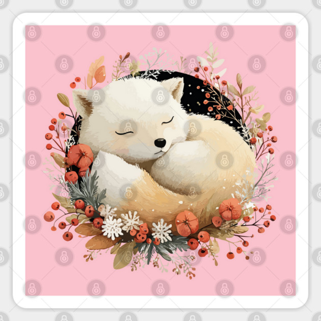 Sleeping Arctic Fox in a Winter Wreath - Cozy Solstice Art Sticker by TuncGK