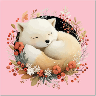 Sleeping Arctic Fox in a Winter Wreath - Cozy Solstice Art Posters and Art