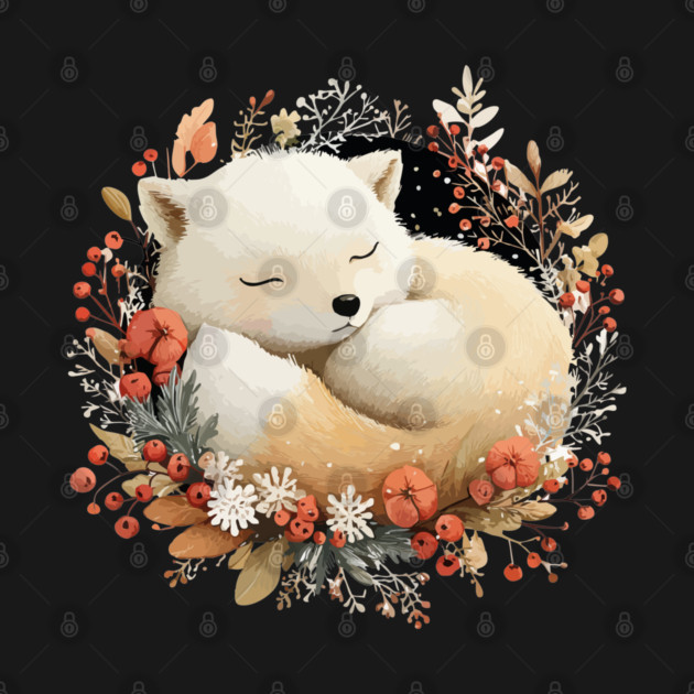Sleeping Arctic Fox in a Winter Wreath - Cozy Solstice Art by TuncGK
