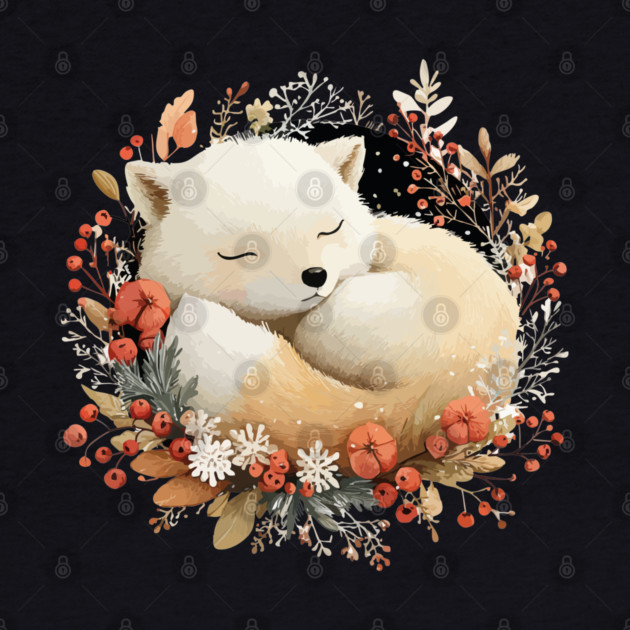 Sleeping Arctic Fox in a Winter Wreath - Cozy Solstice Art by TuncGK