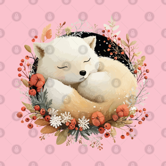 Sleeping Arctic Fox in a Winter Wreath - Cozy Solstice Art by TuncGK