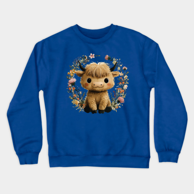 Baby Highland Cow in a Floral Wreath - Farmcore Nursery Art Crewneck Sweatshirt by TuncGK
