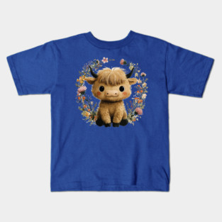 Baby Highland Cow in a Floral Wreath - Farmcore Nursery Art Kids T-Shirt