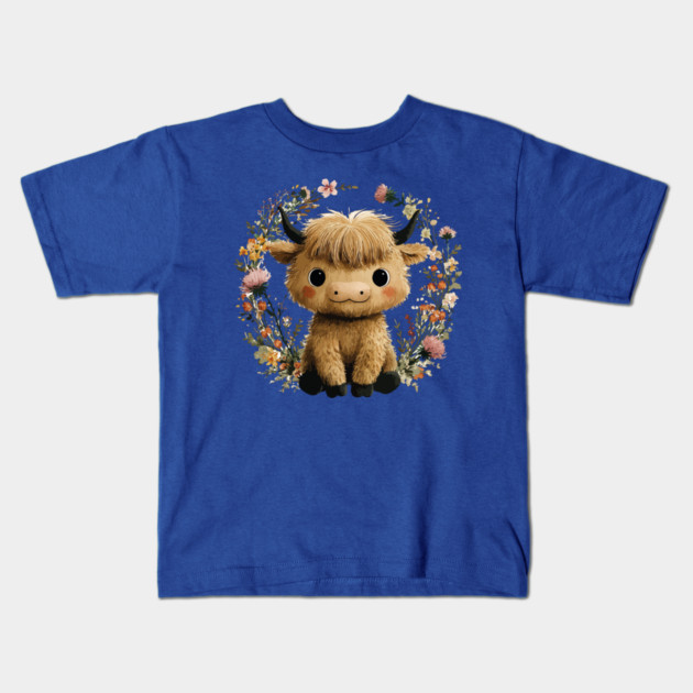 Baby Highland Cow in a Floral Wreath - Farmcore Nursery Art Kids T-Shirt by TuncGK