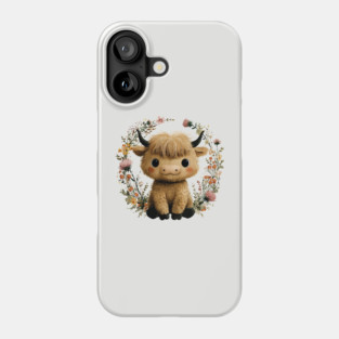 Baby Highland Cow in a Floral Wreath - Farmcore Nursery Art Phone Case