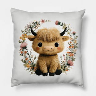 Baby Highland Cow in a Floral Wreath - Farmcore Nursery Art Pillow