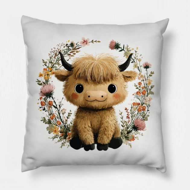 Baby Highland Cow in a Floral Wreath - Farmcore Nursery Art Pillow by TuncGK