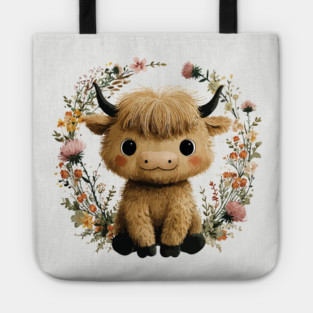 Baby Highland Cow in a Floral Wreath - Farmcore Nursery Art Tote