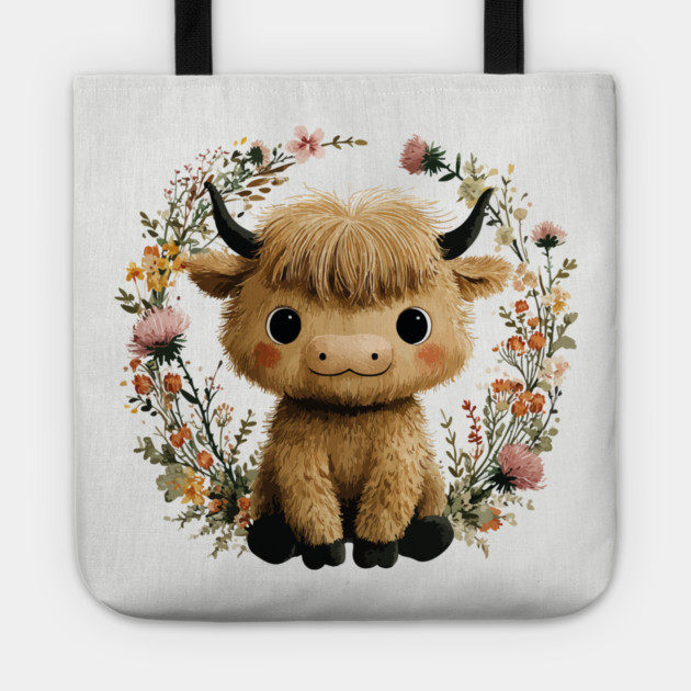 Baby Highland Cow in a Floral Wreath - Farmcore Nursery Art Tote by TuncGK