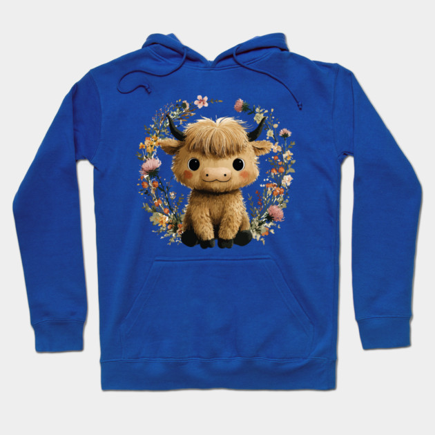 Baby Highland Cow in a Floral Wreath - Farmcore Nursery Art Hoodie by TuncGK