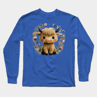 Baby Highland Cow in a Floral Wreath - Farmcore Nursery Art Long Sleeve T-Shirt