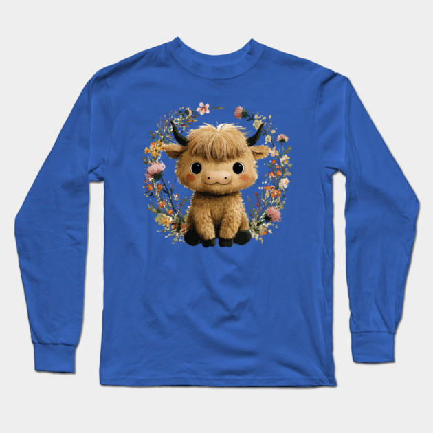 Baby Highland Cow in a Floral Wreath - Farmcore Nursery Art Long Sleeve T-Shirt by TuncGK