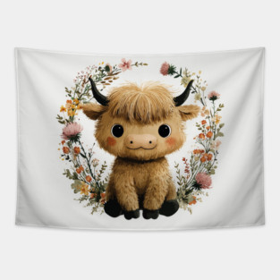 Baby Highland Cow in a Floral Wreath - Farmcore Nursery Art Tapestry