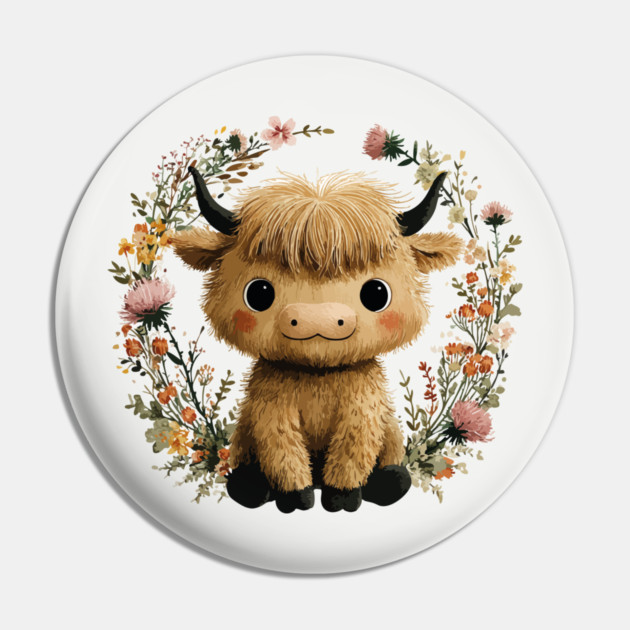 Baby Highland Cow in a Floral Wreath - Farmcore Nursery Art Pin by TuncGK
