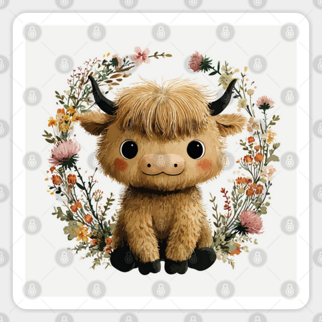 Baby Highland Cow in a Floral Wreath - Farmcore Nursery Art Sticker by TuncGK