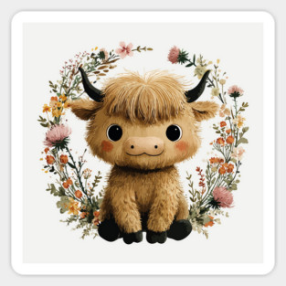 Baby Highland Cow in a Floral Wreath - Farmcore Nursery Art Magnet