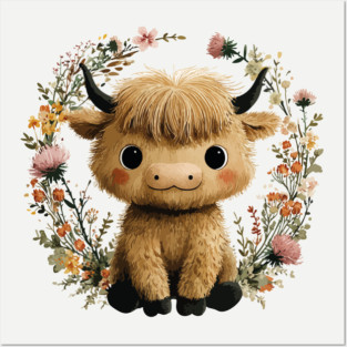 Baby Highland Cow in a Floral Wreath - Farmcore Nursery Art Posters and Art