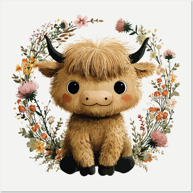 Baby Highland Cow in a Floral Wreath - Farmcore Nursery Art Wall Art by TuncGK