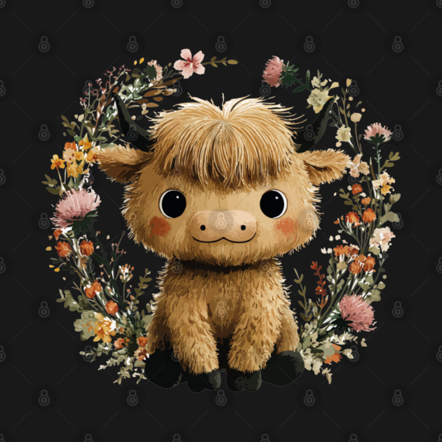 Baby Highland Cow in a Floral Wreath - Farmcore Nursery Art by TuncGK