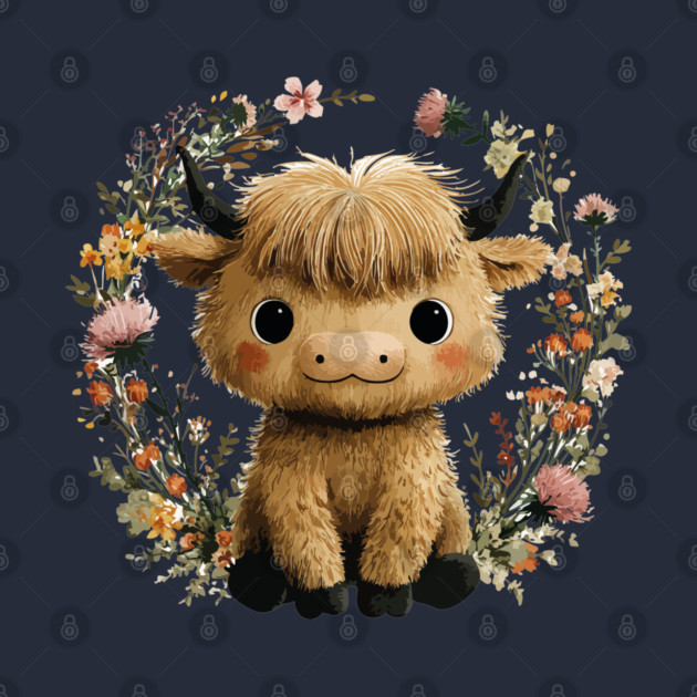 Baby Highland Cow in a Floral Wreath - Farmcore Nursery Art by TuncGK