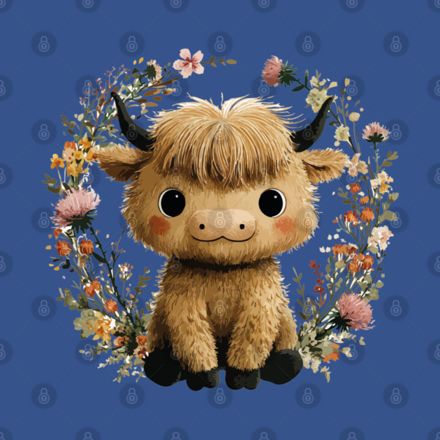 Baby Highland Cow in a Floral Wreath - Farmcore Nursery Art by TuncGK