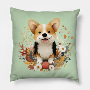 Happy Corgi in a Floral Wreath - Dog Mom & Dad Gift Pillow