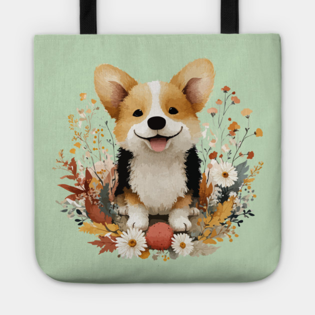 Happy Corgi in a Floral Wreath - Dog Mom & Dad Gift Tote by TuncGK