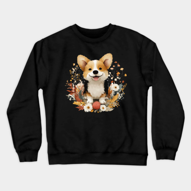 Happy Corgi in a Floral Wreath - Dog Mom & Dad Gift Crewneck Sweatshirt by TuncGK