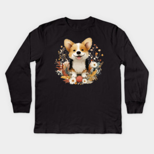 Happy Corgi in a Floral Wreath - Dog Mom & Dad Gift Kids Long Sleeve T-Shirt
