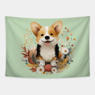 Happy Corgi in a Floral Wreath - Dog Mom & Dad Gift Tapestry