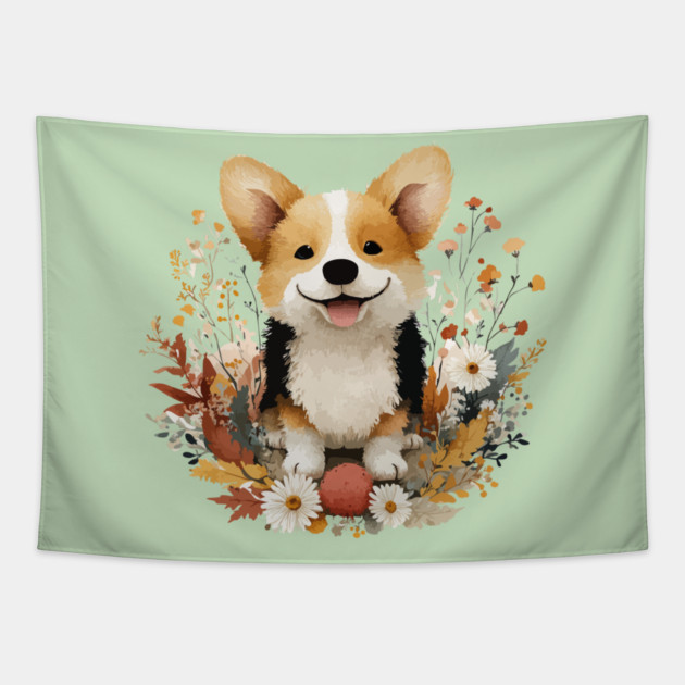 Happy Corgi in a Floral Wreath - Dog Mom & Dad Gift Tapestry by TuncGK