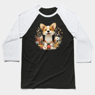 Happy Corgi in a Floral Wreath - Dog Mom & Dad Gift Baseball T-Shirt