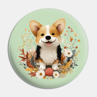 Happy Corgi in a Floral Wreath - Dog Mom & Dad Gift Pin
